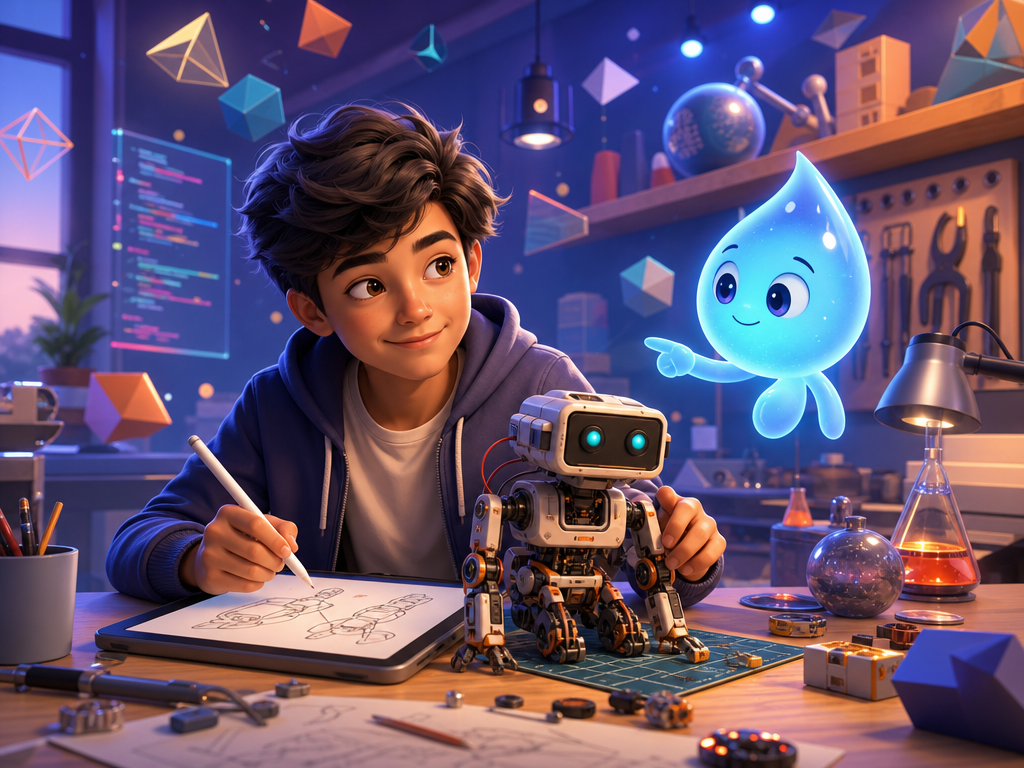 A child building a robot with Aya, the Ayara AI companion, in a creative studio