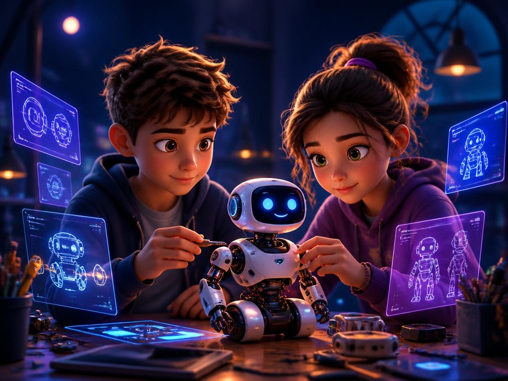 A boy and a girl prototyping a robot together in an AI-powered creative studio